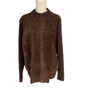 Protege Collection Suede Sweater Zip Cardigan Women's L Mod Vintage Brown Pocket